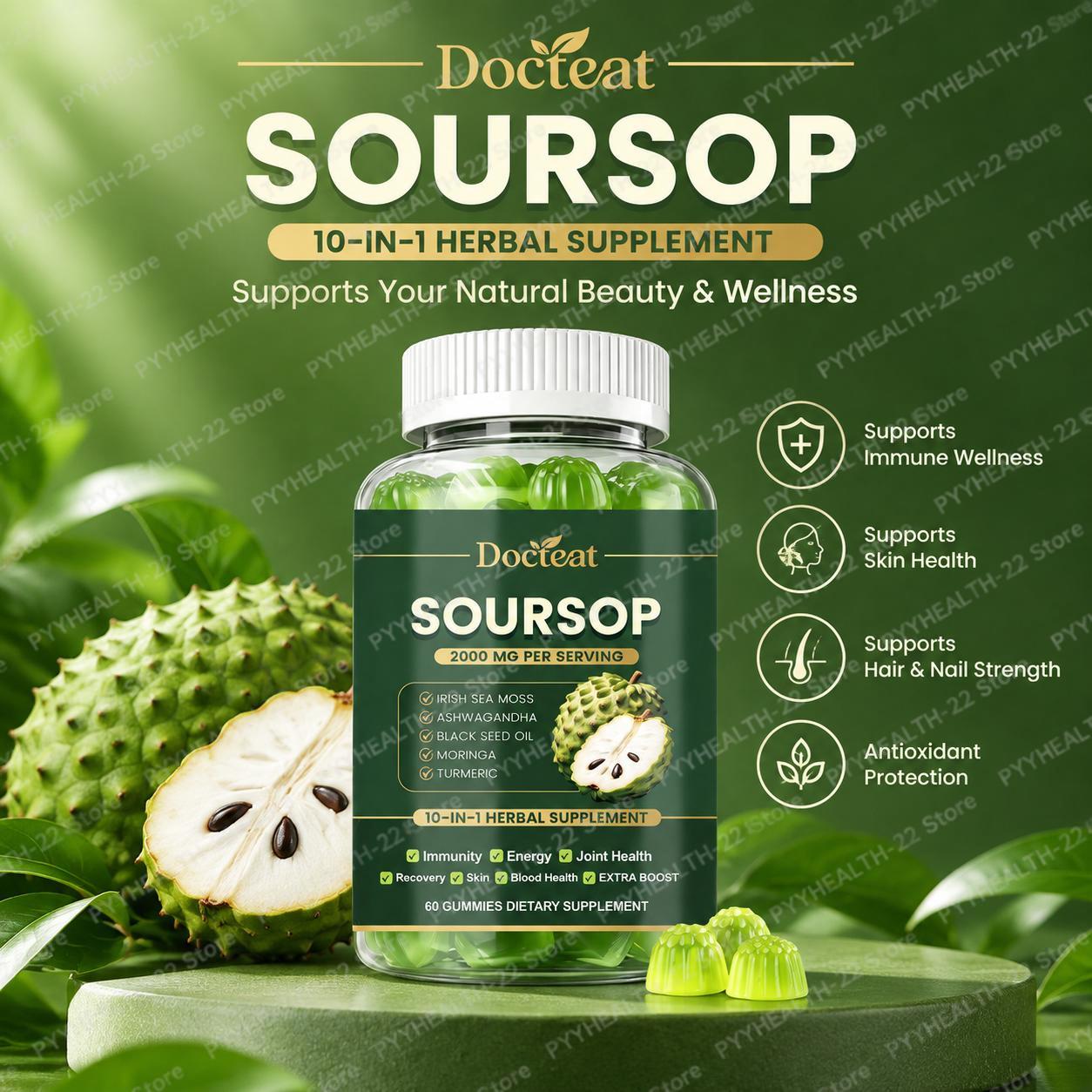 Health Wellness Gummies - Soursop Gummies, 10-in-1 Vitamin Herbal Blend,